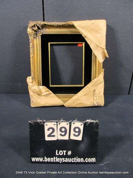 GOLD PAINTED, W/ BLACK VELVET INLAY, CARVED WOODEN FRAME 16 X 18
