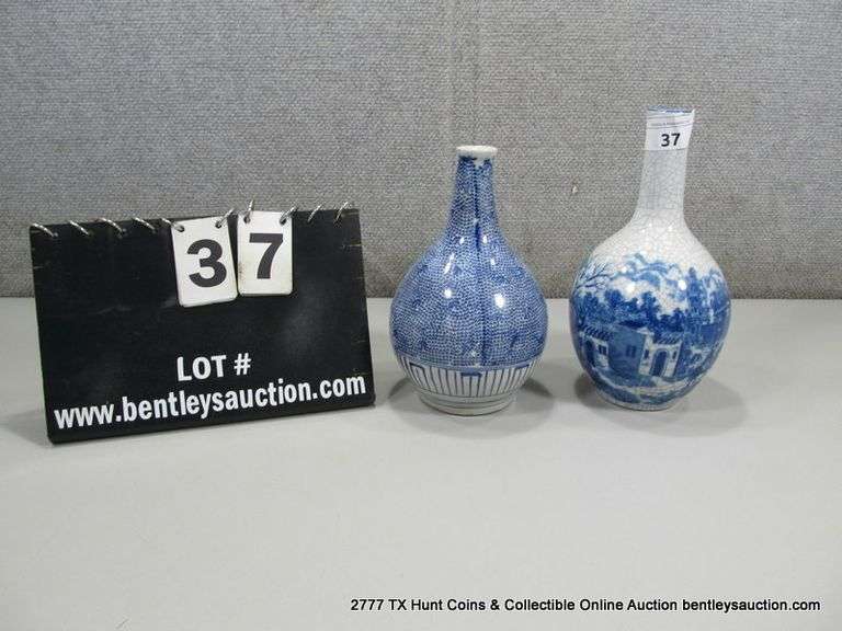 BLUE & WHITE 8" X 5" VASES: 1-ASIAN VINTAGE ANTIQUE, 1-VICTORIAN WARE 9 1/8" X 5" VINTAGE  (2 X MONE