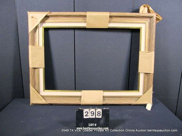 BROWN & GOLD PAINTED, W/ LINEN INLAY, CARVED WOODEN FRAME 34 X 46