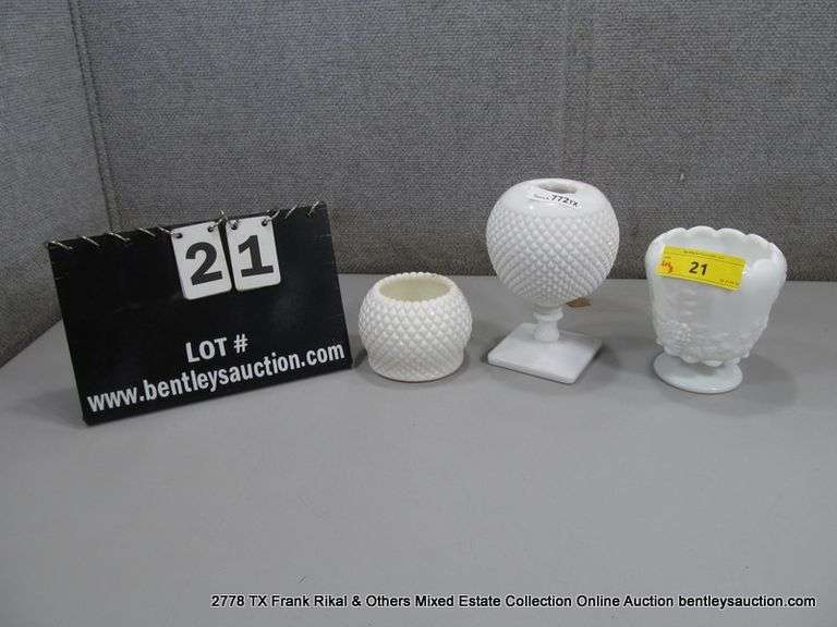 LOT 3: VINTAGE FENTON HOBNAIL MILK GLASSWARE, DIAMOND STYLE TRINKET CANDY DISH, GRAPE DESIGN FLOWER 