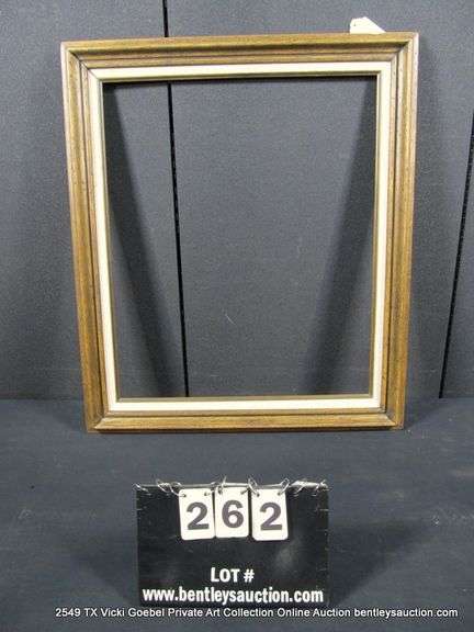 STAINED WALNUT, W/ LINEN INLAY, CARVED WOODEN FRAME 14 X 16