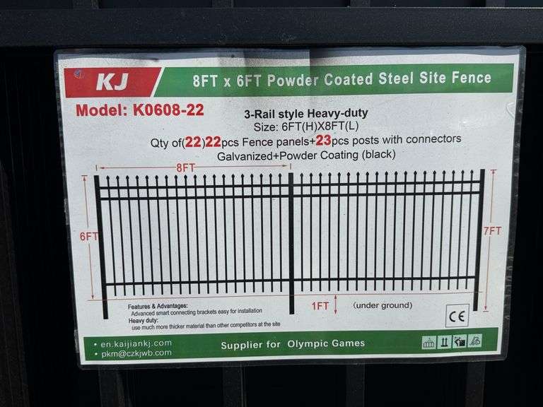 2025 KJ POWDER COATED STEEL SITE FENCE MODEL: K 0608-22, 8' X 6', (22X MONEY)