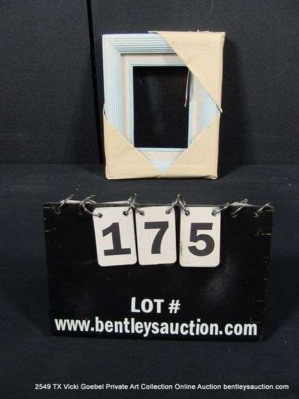 BABY BLUE & WHITE PAINTED, W/ LINEN INLAY CARVED WOODEN FRAME 9 X 11