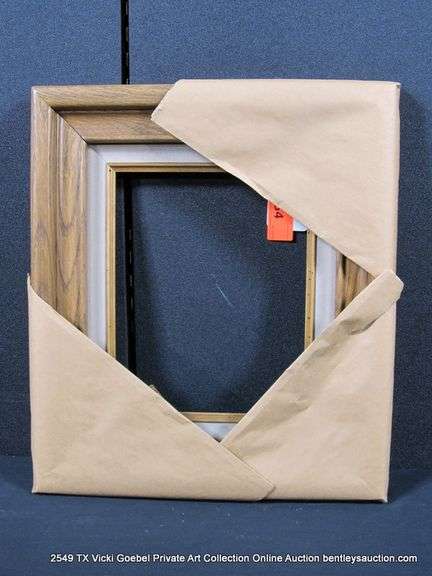 STAINED WALNUT, W/ GRAY VELVET INLAY, CARVED WOODEN FRAME 14 X 16