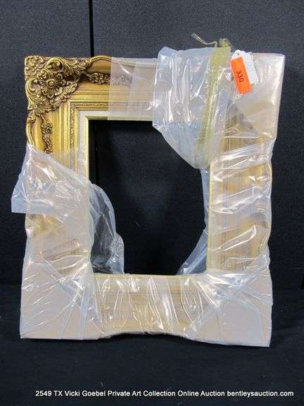 GOLD PAINTED, W/ LINEN INLAY, CARVED ORNATE WOODEN FRAME 21 X 24