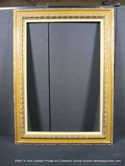 BROWN & GOLD PAINTED, W/ LINEN INLAY, CARVED WOODEN FRAME 32 X 44