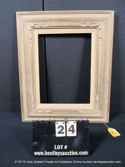 GOLD & BEIGE PAINTED, W/ IVORY LINEN INLAY, CARVED WOODEN FRAME 20 X 24
