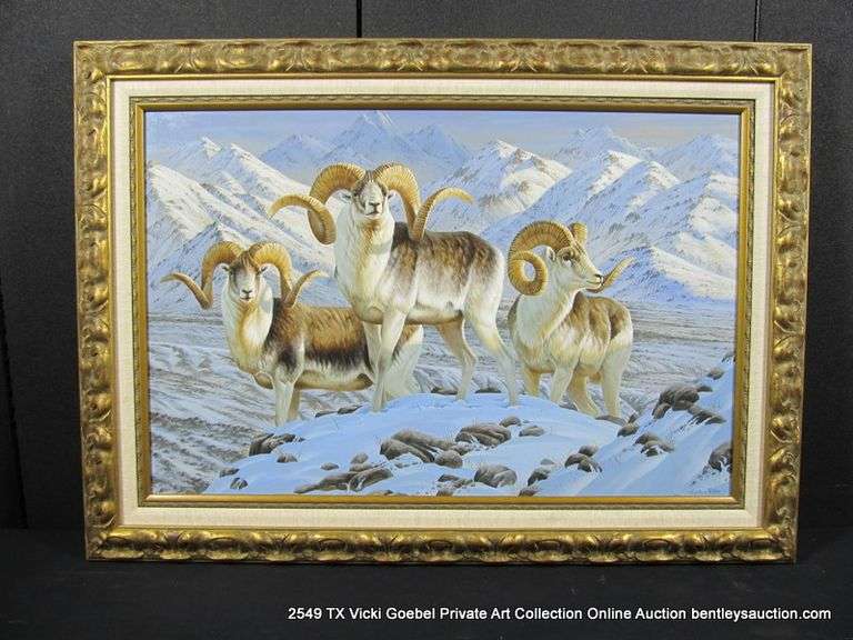 FRAMED PAINTING BY CYNTHIE FISHER - WILDLIFE - BIGHORN SHEEP IN SNOW, 29" X 40" OVERALL