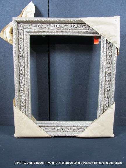 SILVER PAINTED, CARVED ORNATE WOODEN FRAME 23 X 27