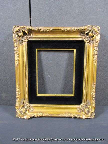 GOLD PAINTED, W/ BLACK VELVET INLAY, CARVED ORNATE WOODEN FRAME 16 X 18