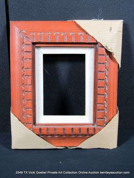 RED-STAINED, W/ LINEN INLAY, CARVED WOODEN FRAME 11 X 13