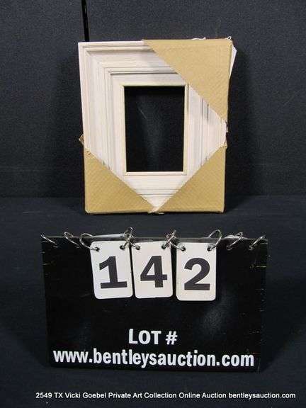 BEIGE & WHITE PAINTED, W/ LINEN INLAY, CARVED WOODEN FRAME 11 X 13