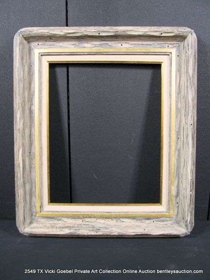 WHITE-WASHED & GOLD PAINTED, W/ LINEN INLAY, CARVED WOODEN FRAME 25 X 29