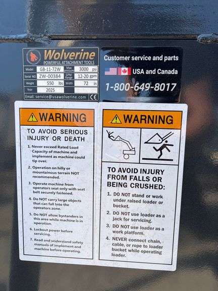 2025 WOLVERINE SKID STEER GRAPPLE BUCKET ATTACHMENT MODEL: GB-11-72W, 72"