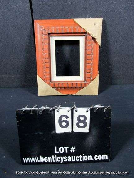 RED-STAINED, W/ LINEN INLAY, CARVED WOODEN FRAME 11 X 13