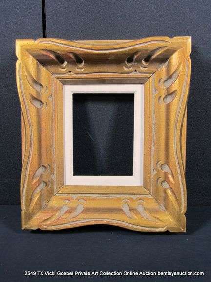 GOLD PAINTED, W/ LINEN INLAY, CARVED WOODEN FRAME 15 X 17