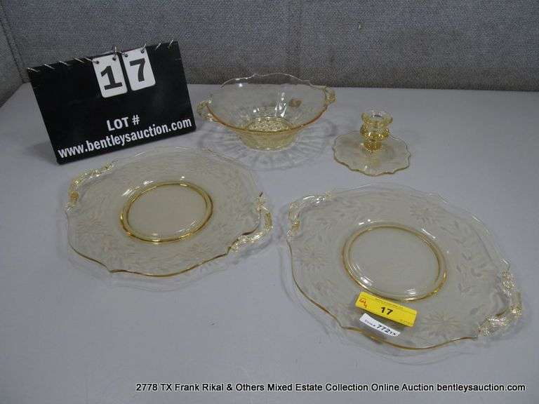 LOT 4: YELLOW DEPRESSION GLASSWARE W/ ETCHED FLORAL DESIGN: 2 SERVING PLATES, 1 SERVING BOWL, 1 CAND