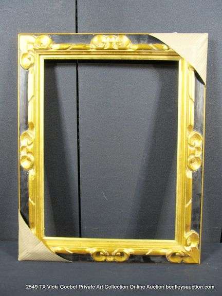 BLACK & GOLD PAINTED, CARVED ORNATE WOODEN FRAME 25 X 29