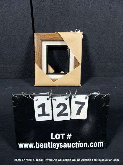 STAINED WALNUT, W/ LINEN & BLACK PAINTED INLAY, WOODEN FRAME 8 X 9