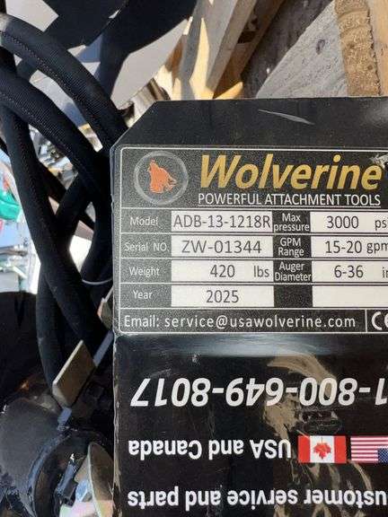2025 WOLVERINE SKID STEER AUGER DRIVE & BIT ATTACHMENT MODEL: ADB-13-1218R,