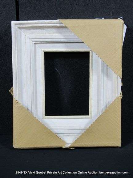 BEIGE & WHITE PAINTED, W/ LINEN INLAY, CARVED WOODEN FRAME 11 X 13