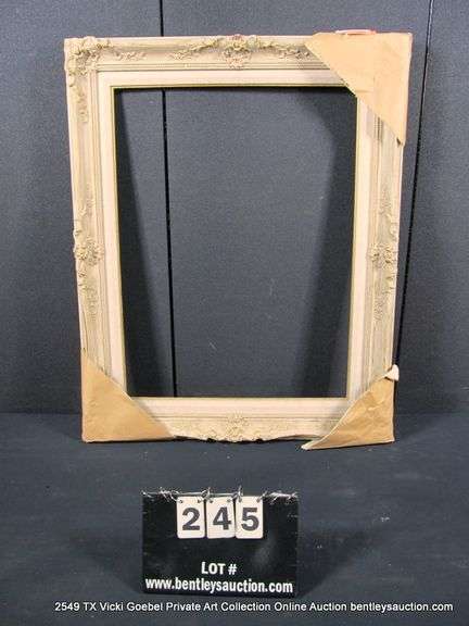 WHITE-WASH & GOLD PAINTED ACCENTS, W/ LINEN INLAY, CARVED ORNATE WOODEN FRAME 28 X 35