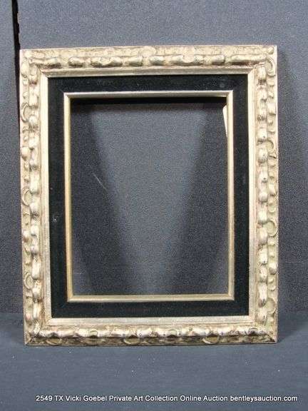 SILVER PAINTED, W/ BLACK VELVET INLAY, CARVED WOODEN FRAME 13 X 15