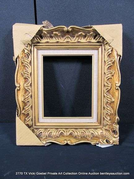 GOLD PAINTED, W/ HEATHERED LINEN INLAY, CARVED WOODEN FRAME 15 X 17