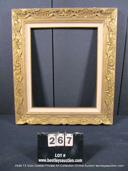 BRONZE PAINTED, W/ LINEN INLAY, CARVED ORNATE WOODEN FRAME 30 X 34