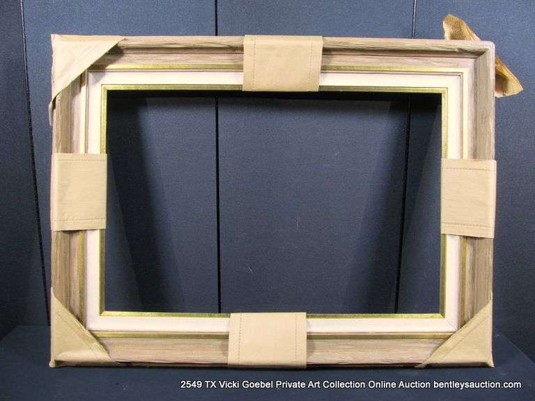 BROWN PAINTED DRIFTWOOD & GOLD PAINTED, W/ LINEN INLAY, CARVED WOODEN FRAME 35 X 47