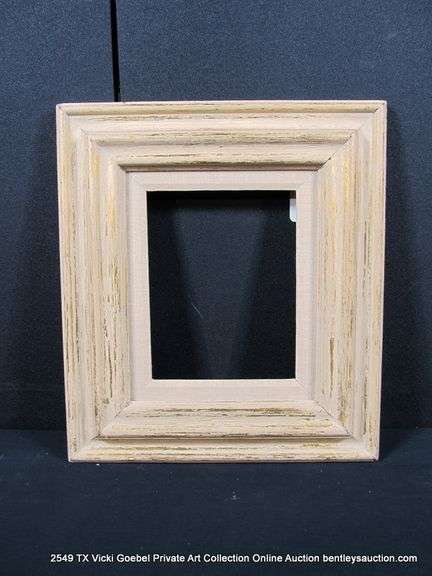 WHITE & GOLD-WASHED, W/ LINEN INLAY, CARVED WOODEN FRAME 17 X 19
