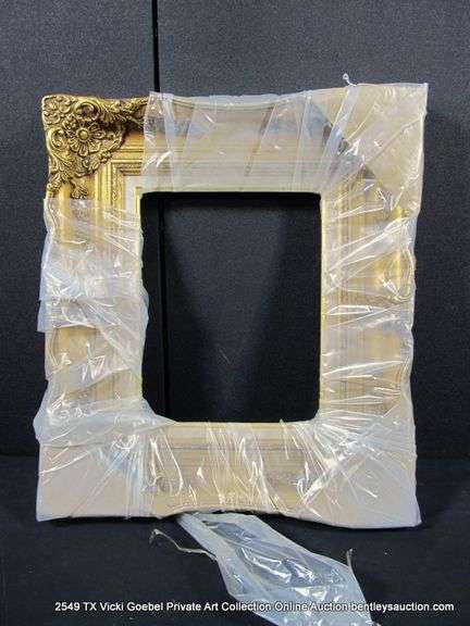 GOLD PAINTED, W/ LINEN INLAY, CARVED ORNATE WOODEN FRAME - (WRAPPED IN PLASTIC) 21 X 24