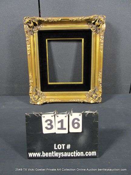 GOLD PAINTED, W/ BLACK VELVET INLAY, CARVED ORNATE WOODEN FRAME 16 X 18