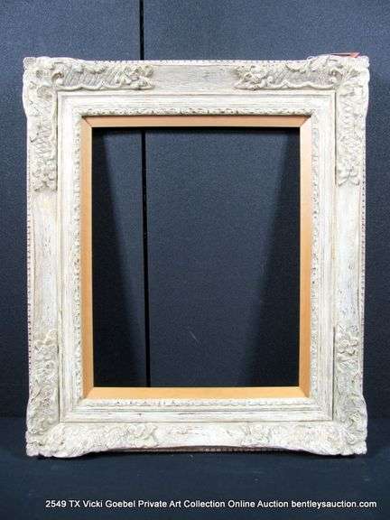 WHITE-WASHED, W/ UNPAINTED WOOD INLAY, CARVED ORNATE FRAME 25 X 29