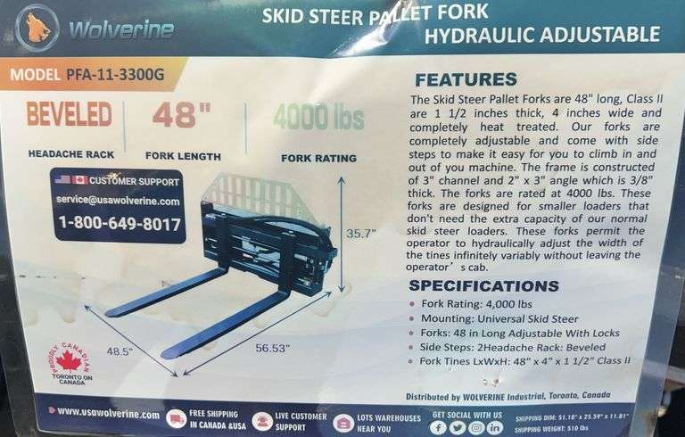2025 WOLVERINE PALLET FORK HYDRAULIC ADJUSTABLE - FOR SKID LOADER MODEL: PFA-11-3300G,