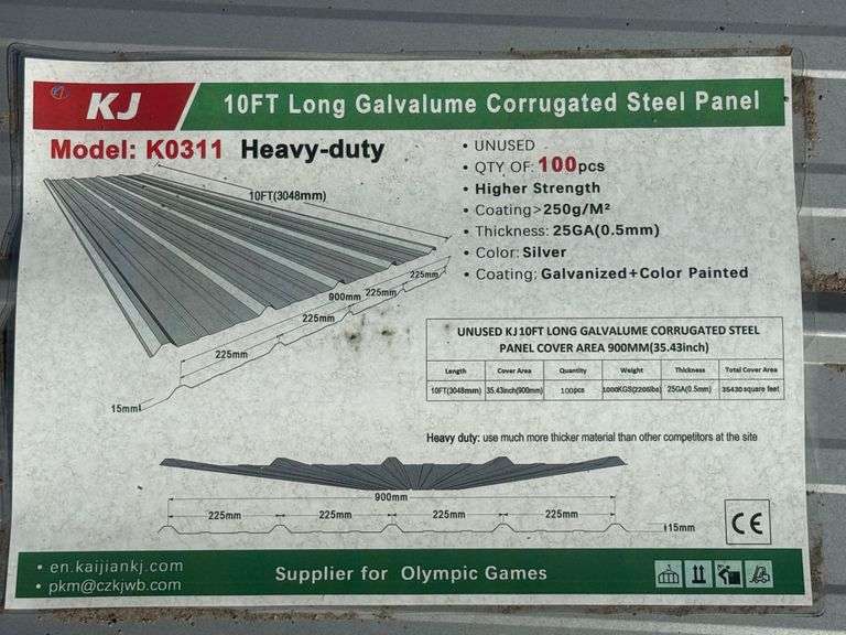 2025 KJ GALVLUME CORRUGATED STEEL PANEL MODEL: K0311, 10', (100 PCS)