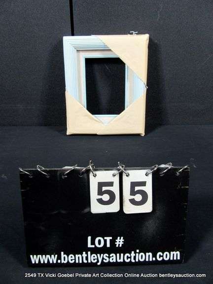 BABY BLUE & WHITE PAINTED, W/ LINEN INLAY, CARVED WOODEN FRAME 9 X 11