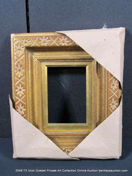 GOLD PAINTED, FLORAL & "X" CARVED WOODEN FRAME 12 X 14