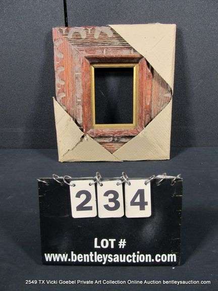 RED-STAINED & GOLD PAINTED, CARVED WOODEN FRAME 13 X 15