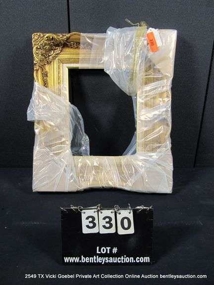 GOLD PAINTED, W/ LINEN INLAY, CARVED ORNATE WOODEN FRAME 21 X 24