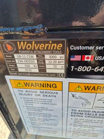 2025 WOLVERINE SKID STEER GRAPPLE BUCKET ATTACHMENT MODEL: GB-11-72W, 72"