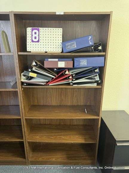 WOOD BOOKSHELF, 72" X 13" X 36" W/ NOTEBOOK BINDERS