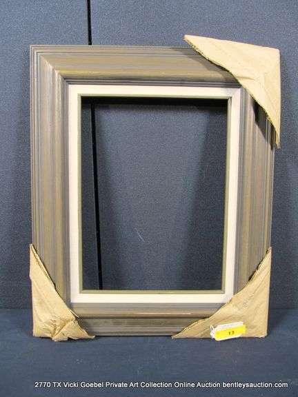 WALNUT-STAINED, W/ LINEN INLAY, CARVED WOODEN FRAME 20 X 24