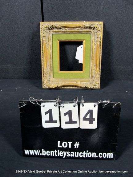 GOLD PAINTED, W/ OLIVE GREEN VELVET INLAY, CARVED ORNATE WOODEN FRAME 10 X 11