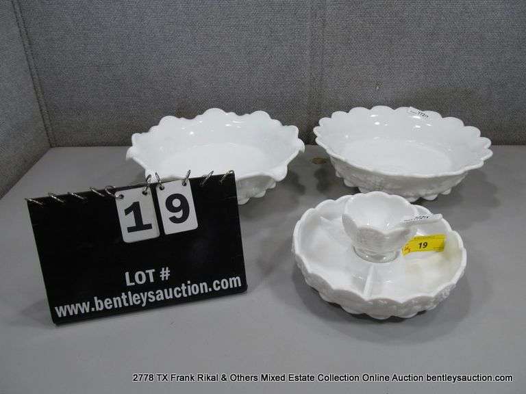 LOT 3: WESTMORELAND MILK GLASS PANELED GRAPE: 2 SERVING BOWLS, W/ RUFFLED & CRIMPED EDGE, 1 DIVIDED 