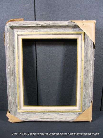 BLACK & WHITE-WASHED DRIFTWOOD, W/ GOLD PAINTED &, W/ LINEN INLAY, WOODEN FRAME 25 X 29