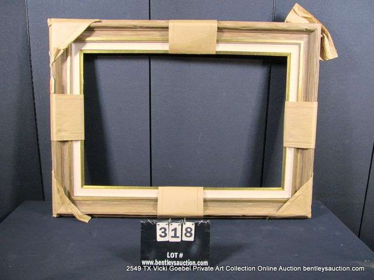 BROWN PAINTED DRIFTWOOD & GOLD PAINTED, W/ LINEN INLAY, CARVED WOODEN FRAME 34 X 46