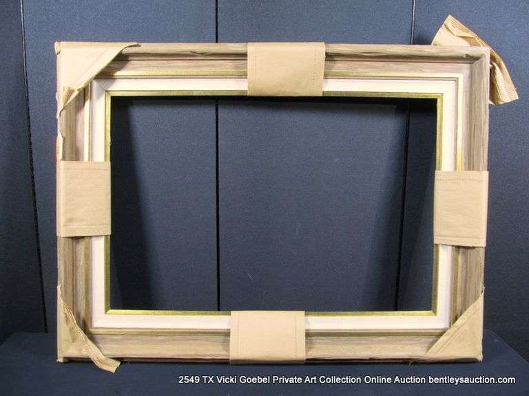 BROWN PAINTED DRIFTWOOD & GOLD PAINTED, W/ LINEN INLAY, CARVED WOODEN FRAME 34 X 46