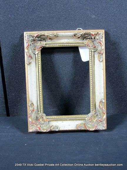 GOLD & WHITE PAINTED W/ RED ACCENTS, CARVED ORNATE WOODEN FRAME 8 X 10