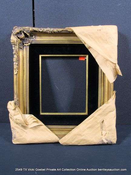 GOLD PAINTED, W/ BLACK VELVET INLAY, CARVED WOODEN FRAME 16 X 18